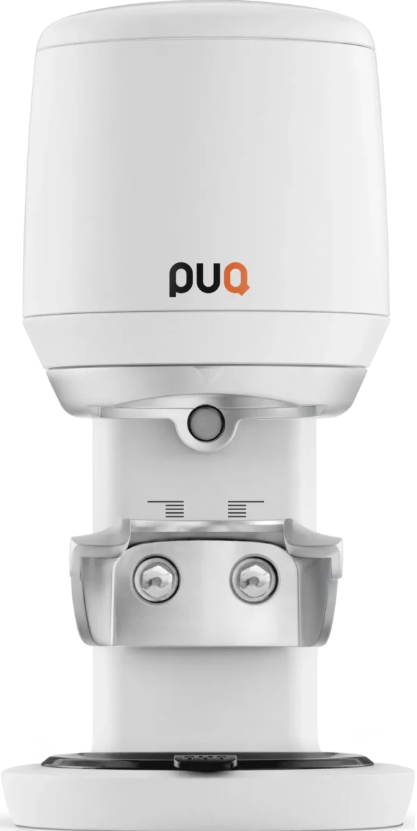 PUQ Press Mini white automatic espresso tamper for small cafes and specialty setups, available from Peak Coffee Techs in Colorado Springs and Denver