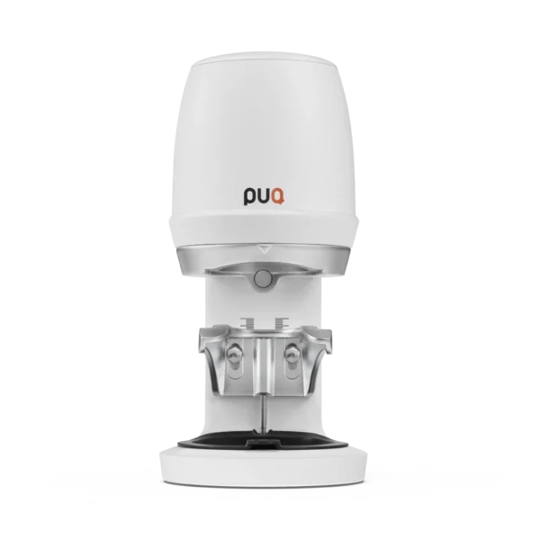 PUQ Press Q white automatic espresso tamper for consistent coffee tamping, available from Peak Coffee Techs in Colorado Springs and Denver