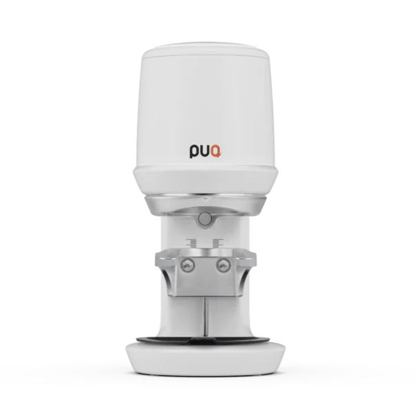 PUQ Press Pro white automatic espresso tamper for high-volume cafés, featuring precision tamping and advanced workflow tools, available from Peak Coffee Techs in Colorado